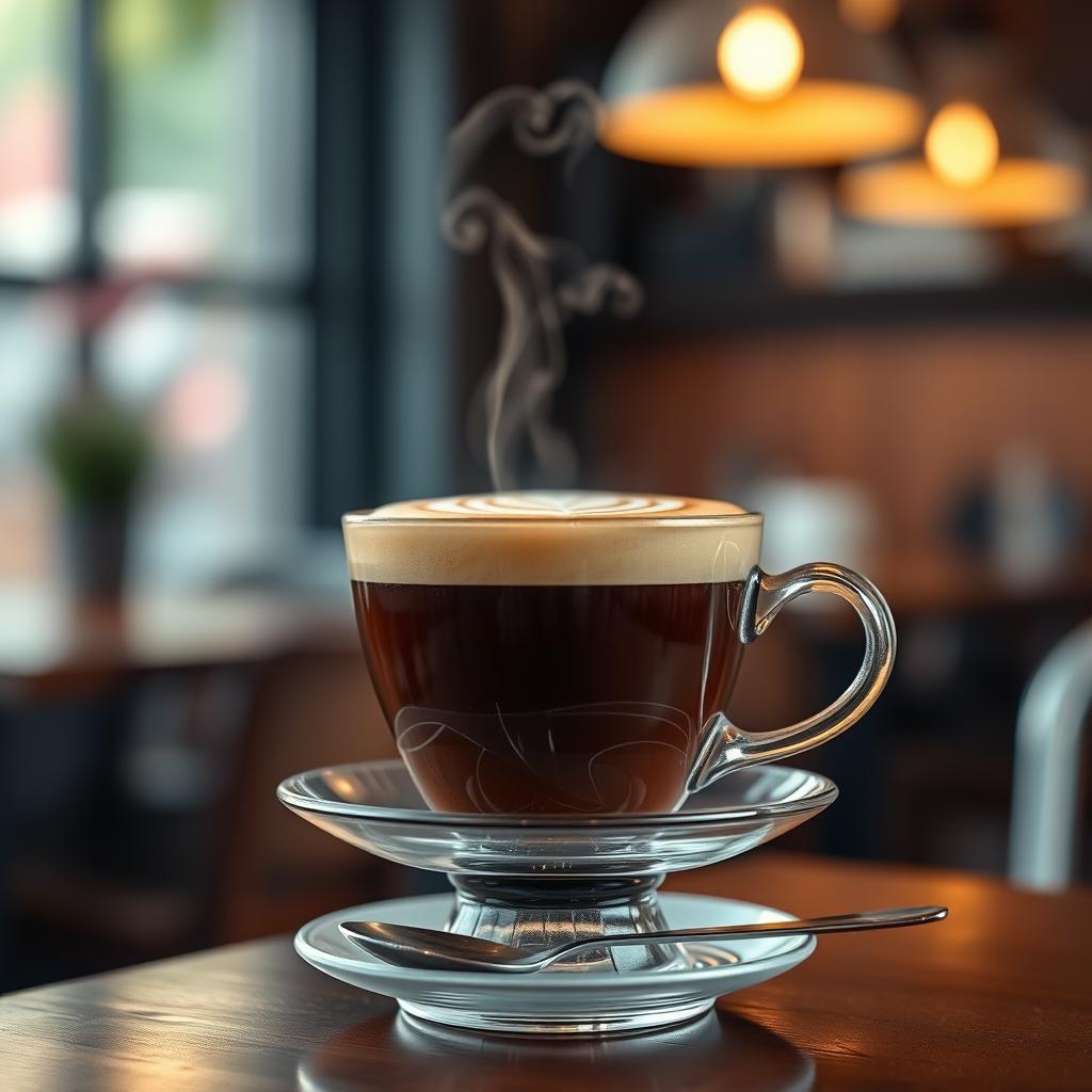 A stunning, hyper-realistic close-up of a cup of coffee with intricate latte art on top, set against a softly blurred background of a cozy café
