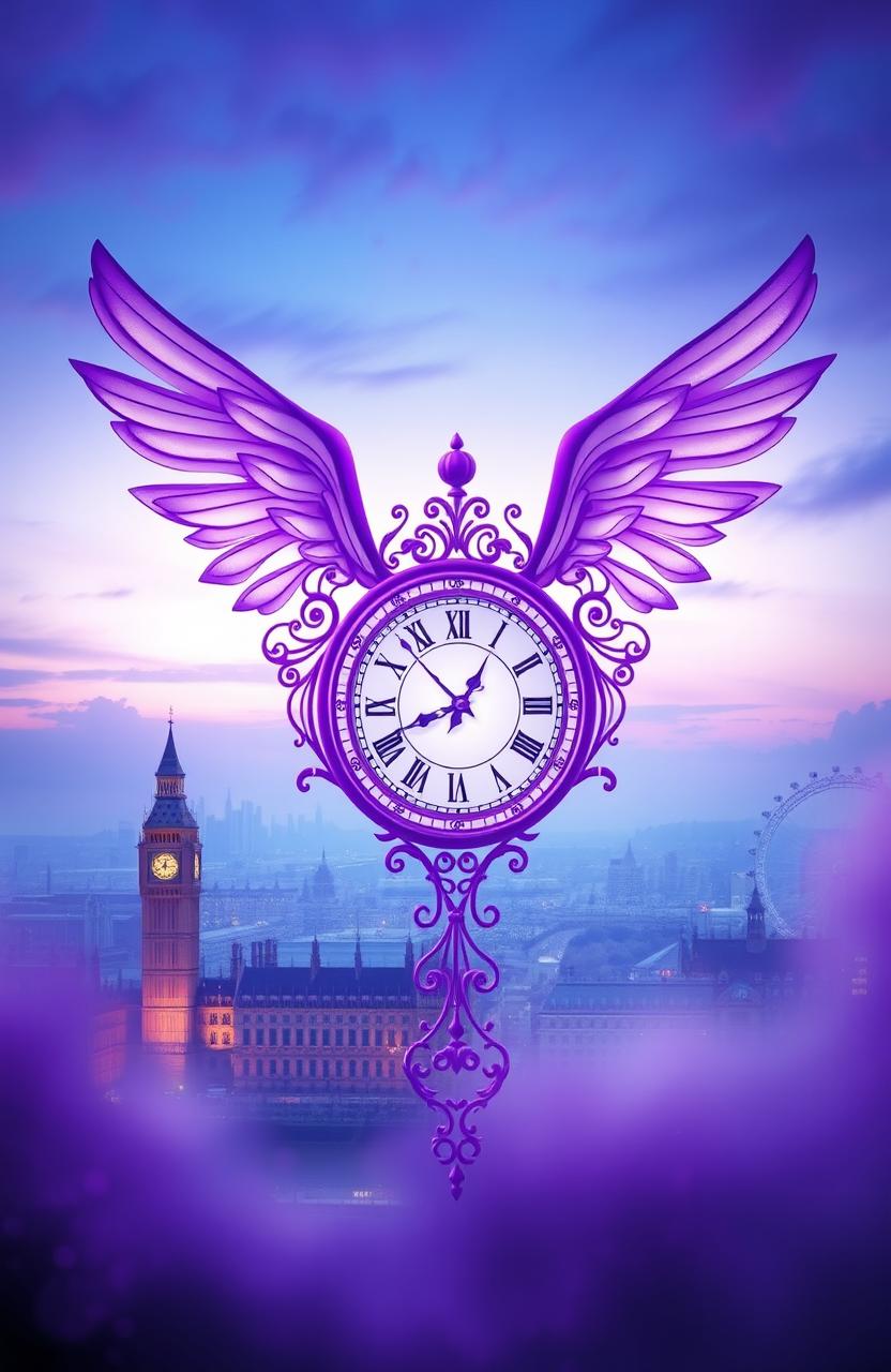 A stunning purple clock with intricate designs, featuring a pair of elegant wings extending behind it, all set against a dreamy blue and purple background