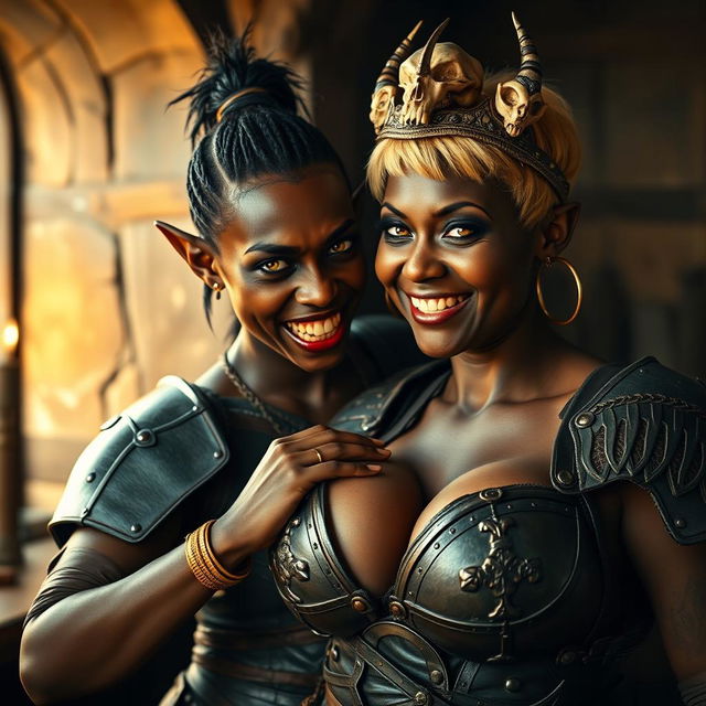 In a medieval brothel, a captivating scene portrays a young African woman, 20 years old, with deep black skin and striking yellowish-red eyes, exuding a demonic essence