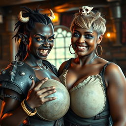 In a medieval tavern, an imaginative and striking scene unfolds featuring a young African woman, 20 years old, with deep black skin and vivid yellowish-red eyes, embodying a demonic essence