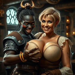 In a medieval tavern, an imaginative and striking scene unfolds featuring a young African woman, 20 years old, with deep black skin and vivid yellowish-red eyes, embodying a demonic essence