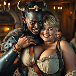In a medieval tavern, a striking scene features a young African woman, 20 years old, with deep black skin and vivid yellowish-red eyes, portraying a demonic character