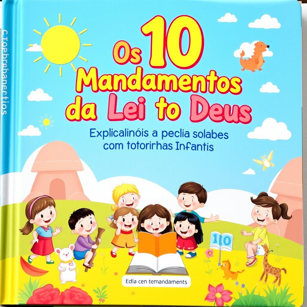 A vibrant and colorful children's book cover featuring the title 'Os 10 Mandamentos da Lei de Deus Explicados com Historinhas Infantis' prominently displayed in playful, bold letters