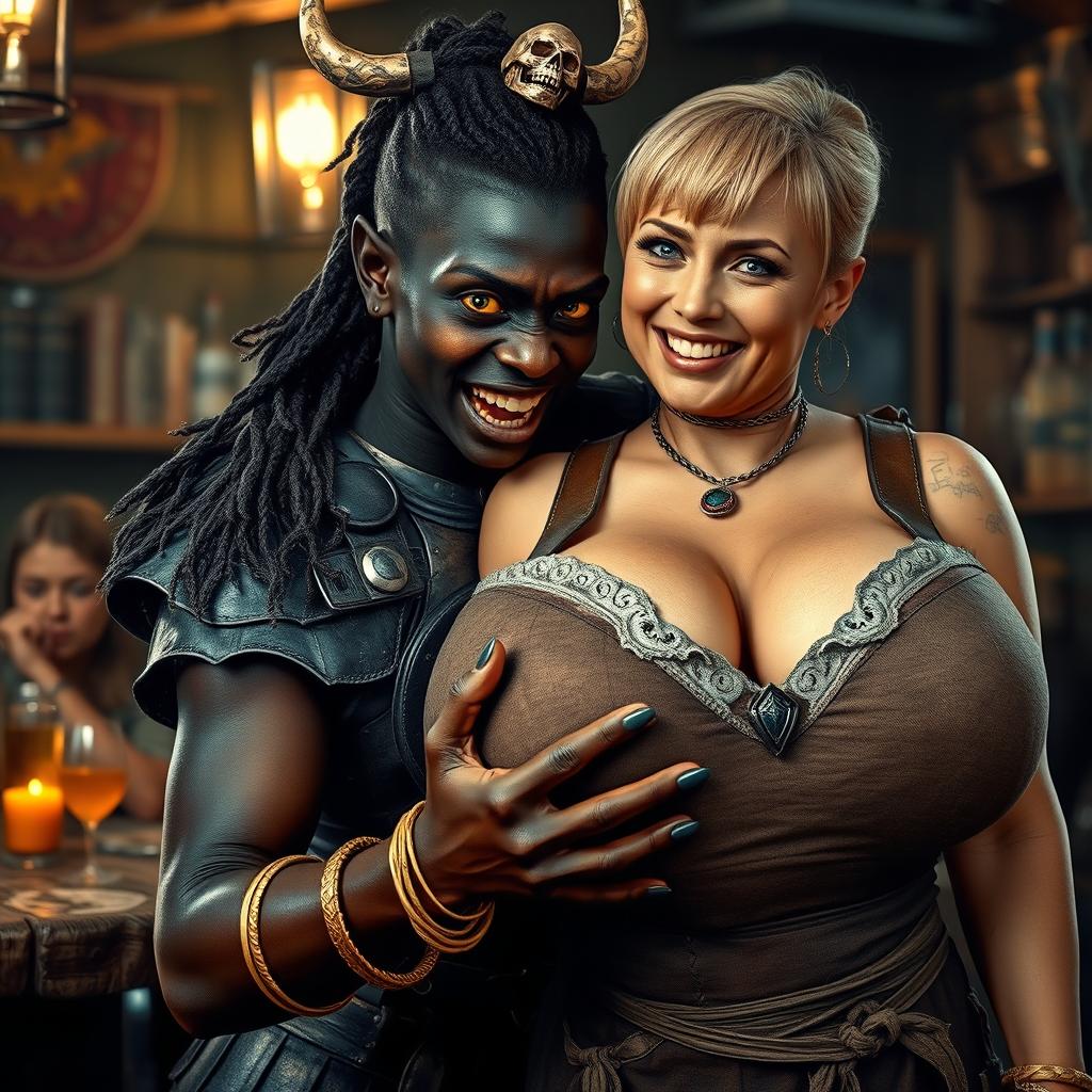 In a lively medieval tavern, a dynamic and imaginative scene showcases a young African woman, just 20 years old, with deeply rich black skin and striking yellowish-red eyes, embodying a fierce and demonic essence