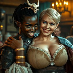 In a vibrant medieval tavern, a captivating scene features a young African woman, 20 years old, with deeply rich black skin and haunting yellowish-red eyes, exuding a fierce and demonic character