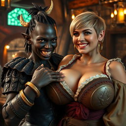 In a vibrant medieval tavern, a captivating scene features a young African woman, 20 years old, with deeply rich black skin and haunting yellowish-red eyes, exuding a fierce and demonic character