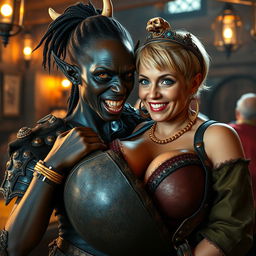 In a vibrant medieval tavern, a captivating scene features a young African woman, 20 years old, with deeply rich black skin and haunting yellowish-red eyes, exuding a fierce and demonic character