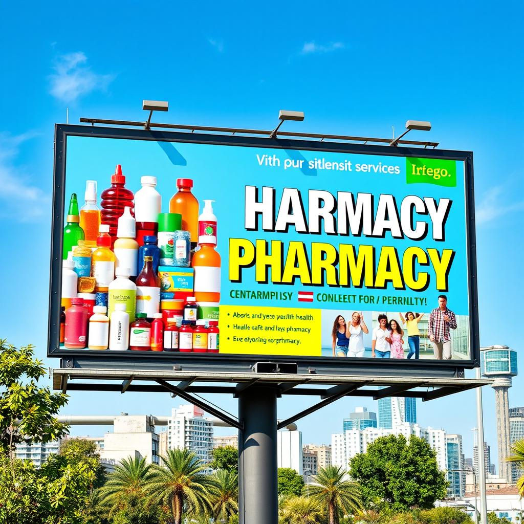 A vibrant and eye-catching billboard advertising a modern pharmacy, featuring a large display of various colorful medicine bottles and health products