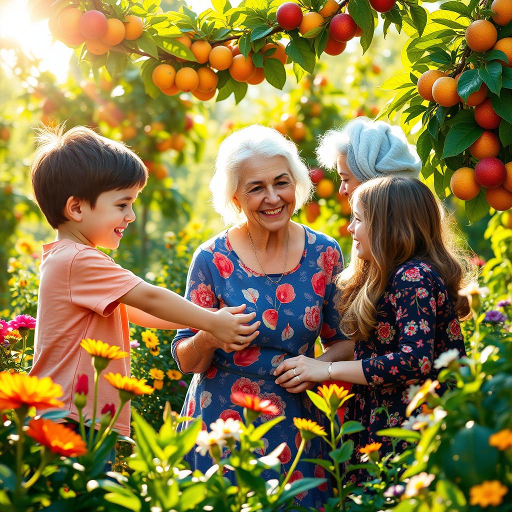 A heartwarming scene depicting two children, Luca and Anna, joyfully interacting with an elderly woman in her lush garden