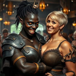 In a bustling medieval tavern, a vivid scene unfolds featuring a young African woman, 20 years old, with deep black skin and striking yellowish-red eyes, embodying a fierce and demonic spirit