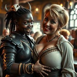 In a bustling medieval tavern, a vivid scene unfolds featuring a young African woman, 20 years old, with deep black skin and striking yellowish-red eyes, embodying a fierce and demonic spirit