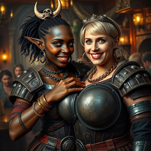 In a bustling medieval tavern, a vivid scene unfolds featuring a young African woman, 20 years old, with deep black skin and striking yellowish-red eyes, embodying a fierce and demonic spirit