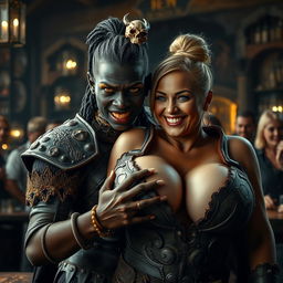 In a bustling medieval tavern, a striking scene unfolds featuring a young African woman, just 20 years old, with deeply black skin and piercing yellowish-red eyes, portraying a fierce and demonic character