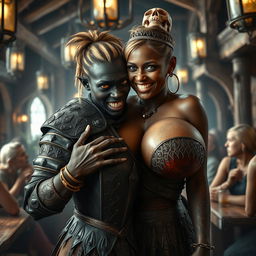 In a bustling medieval tavern, a striking scene unfolds featuring a young African woman, just 20 years old, with deeply black skin and piercing yellowish-red eyes, portraying a fierce and demonic character