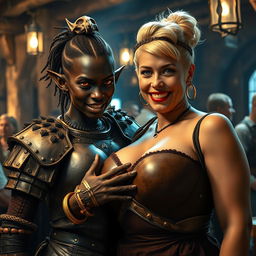 Inside a lively medieval tavern, a striking scene unfolds featuring a young African woman, only 20 years old, with beautifully dark black skin and striking yellowish-red eyes, reflecting a fierce and demonic aura