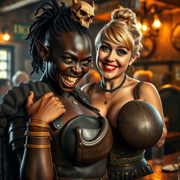 Inside a vibrant medieval tavern, a dynamic scene portrays a young African woman, only 20 years old, with rich black skin and vivid yellowish-red eyes, exuding a fierce and demonic aura