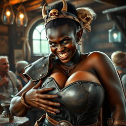 Inside a vibrant medieval tavern, a dynamic scene portrays a young African woman, only 20 years old, with rich black skin and vivid yellowish-red eyes, exuding a fierce and demonic aura