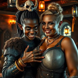 Inside a vibrant medieval tavern, a dynamic scene portrays a young African woman, only 20 years old, with rich black skin and vivid yellowish-red eyes, exuding a fierce and demonic aura