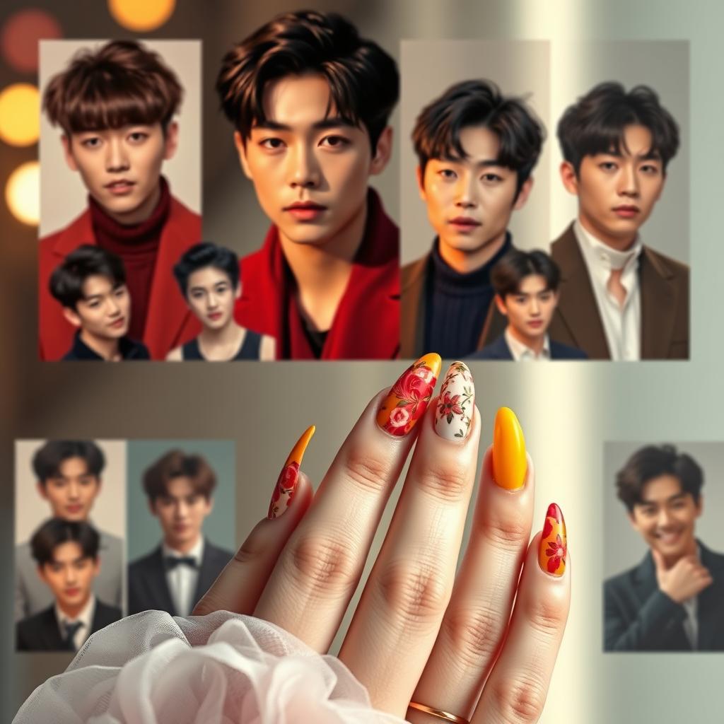 An artistic representation of a woman's long, elegantly manicured nails in vibrant colors, with intricate nail art designs that showcase floral patterns and geometric shapes