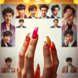 An artistic representation of a woman's long, elegantly manicured nails in vibrant colors, with intricate nail art designs that showcase floral patterns and geometric shapes
