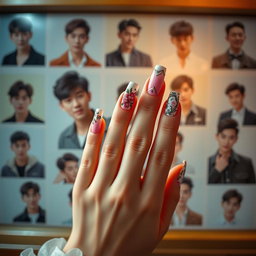 An artistic representation of a woman's long, elegantly manicured nails in vibrant colors, with intricate nail art designs that showcase floral patterns and geometric shapes