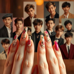 An artistic representation of a woman's long, elegantly manicured nails in vibrant colors, with intricate nail art designs that showcase floral patterns and geometric shapes