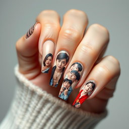 A creative composition showcasing a woman's long, beautifully manicured nails, each nail featuring detailed images of various Korean male actors