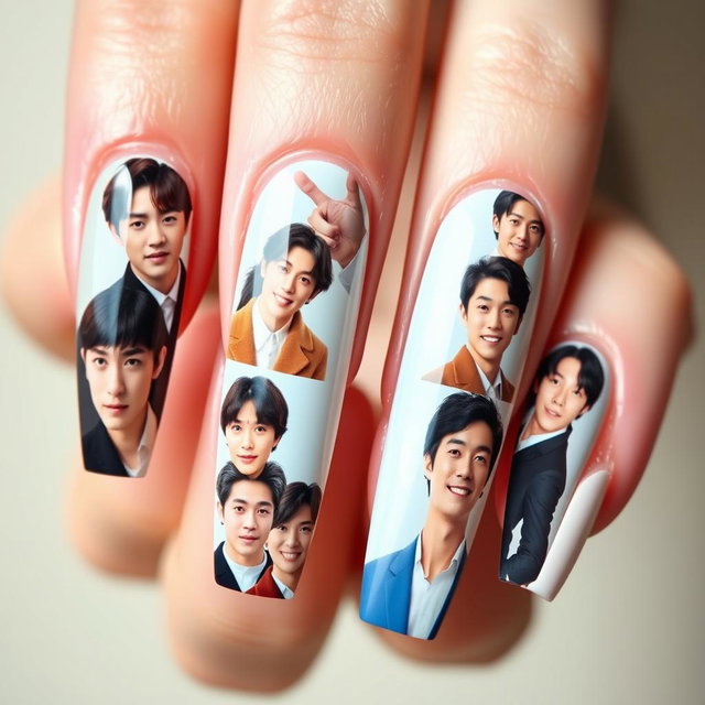A creative composition showcasing a woman's long, beautifully manicured nails, each nail featuring detailed images of various Korean male actors