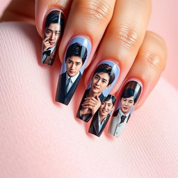 A creative composition showcasing a woman's long, beautifully manicured nails, each nail featuring detailed images of various Korean male actors