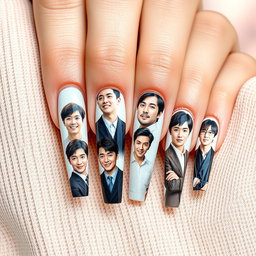 A creative composition showcasing a woman's long, beautifully manicured nails, each nail featuring detailed images of various Korean male actors