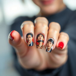 An artistic close-up of a woman's long, beautifully manicured nails, each nail featuring stunning, high-resolution images of popular Korean male actors