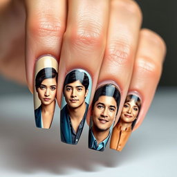 An artistic close-up of a woman's long, beautifully manicured nails, each nail featuring stunning, high-resolution images of popular Korean male actors