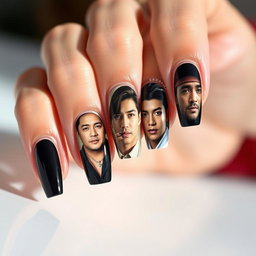 An artistic close-up of a woman's long, beautifully manicured nails, each nail featuring stunning, high-resolution images of popular Korean male actors