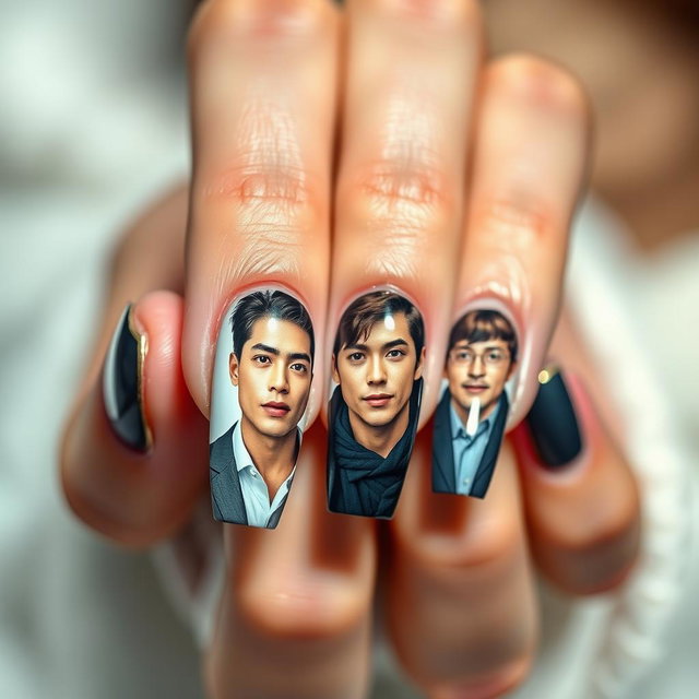 An artistic close-up of a woman's long, beautifully manicured nails, each nail featuring stunning, high-resolution images of popular Korean male actors