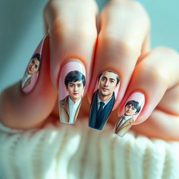 A close-up image of a woman's long, beautifully manicured nails showcasing detailed images of the Korean actor Ji Chang Wook on each nail