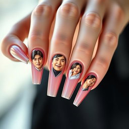 A close-up image of a woman's long, beautifully manicured nails showcasing detailed images of the Korean actor Ji Chang Wook on each nail