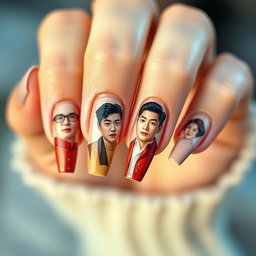 A close-up image of a woman's long, beautifully manicured nails showcasing detailed images of the Korean actor Ji Chang Wook on each nail