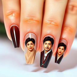 A close-up image of a woman's long, beautifully manicured nails showcasing detailed images of the Korean actor Ji Chang Wook on each nail