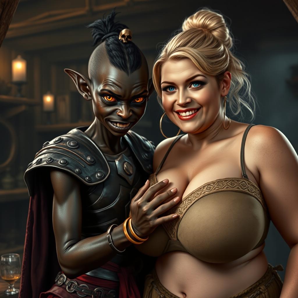 Inside a medieval bar, a young African woman, petite and skinny at 20 years old, with very dark black skin, yellowish-red demonic eyes, and an angry expression, is dressed in a fully closed Viking warrior armor