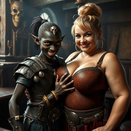 Inside a medieval bar, a young African woman, petite and skinny at 20 years old, with very dark black skin, yellowish-red demonic eyes, and an angry expression, is dressed in a fully closed Viking warrior armor