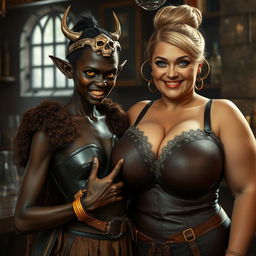 Inside a medieval bar, a young African woman, petite and skinny at 20 years old, with very dark black skin, yellowish-red demonic eyes, and an angry expression, is dressed in a fully closed Viking warrior armor