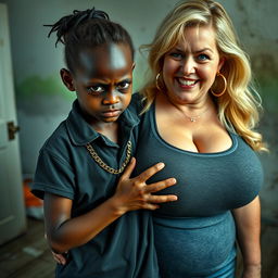 In a rundown room, a petite and malnourished 20-year-old black woman, presented as a dwarf with deep black skin, has an angry expression and striking blue eyes