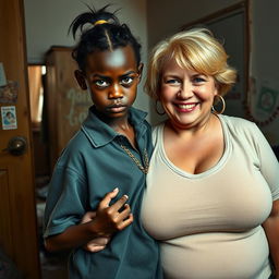 In a rundown room, a petite and malnourished 20-year-old black woman, presented as a dwarf with deep black skin, has an angry expression and striking blue eyes