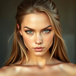 A busty warrior woman with long light brown hair, sharply defined yet harmonious facial features, fair and even complexion