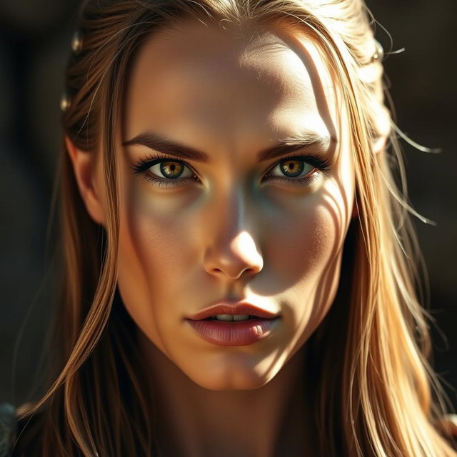 A busty warrior woman with long light brown hair, sharply defined yet harmonious facial features, fair and even complexion