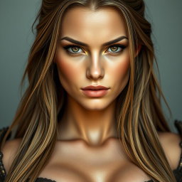 A busty warrior woman with long light brown hair, sharply defined yet harmonious facial features, fair and even complexion