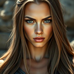A busty warrior woman with long light brown hair, sharply defined yet harmonious facial features, fair and even complexion