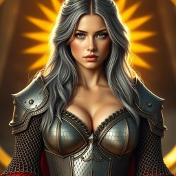 A busty beautiful sun cleric, slender European girl with very large tender breasts, long soft layered ash grey hair, and bright turquoise eyes