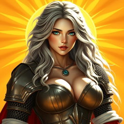 A busty beautiful sun cleric, slender European girl with very large tender breasts, long soft layered ash grey hair, and bright turquoise eyes