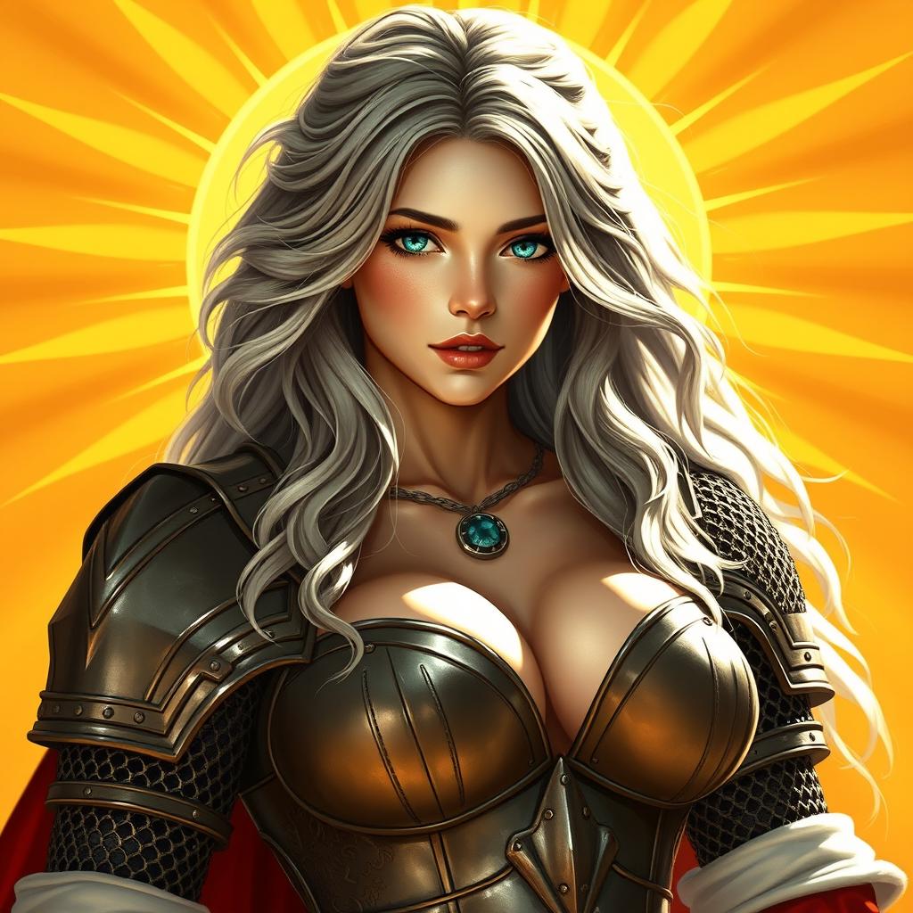 A busty beautiful sun cleric, slender European girl with very large tender breasts, long soft layered ash grey hair, and bright turquoise eyes